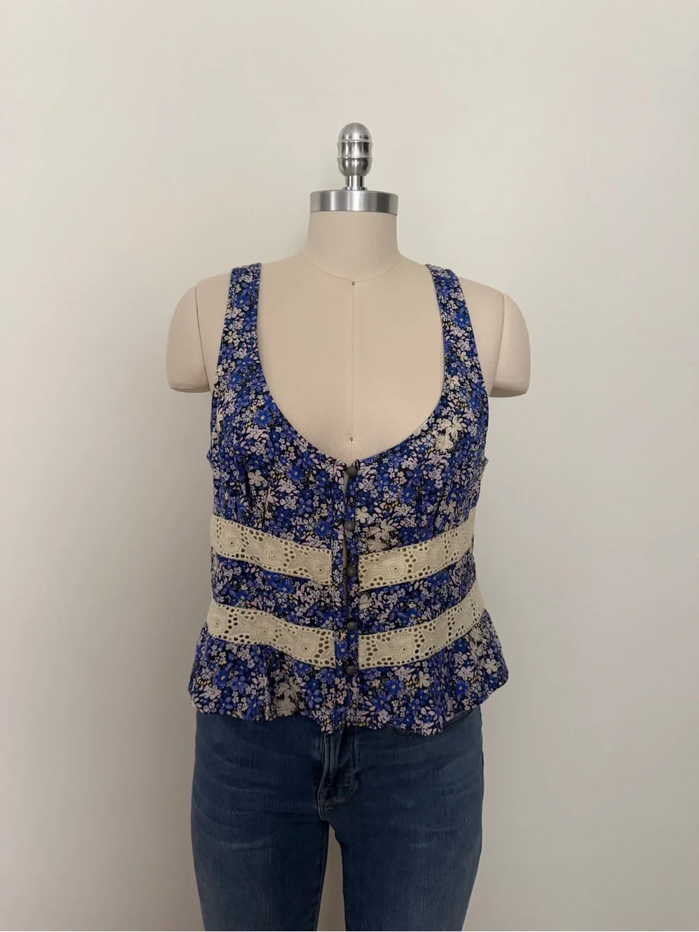 NWT Free People Blue Floral Lace Trim Open Back Tank